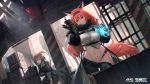  2girls aiming animal_ears asymmetrical_clothes asymmetrical_pants bangs bare_shoulders black_pants blue_eyes breasts brown_hair building character_request coat commentary_request cowboy_shot crop_top dutch_angle fox_ears girls_frontline gun hair_between_eyes hairband highres holding holding_weapon indoors large_breasts long_hair multiple_girls navel open_clothes open_coat original pandea_work pants ponytail red_eyes redhead sitting sitting_on_object wallpaper weapon 