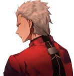  1boy absurdres archer black_shirt brown_eyes coat dark_skin dark_skinned_male expressionless fate/stay_night fate_(series) from_behind hair_slicked_back highres looking_back male_focus nyum red_coat shirt short_hair simple_background solo tsurime upper_body white_background white_hair 