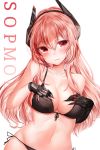  1girl bangs bikini black_bikini blush breasts character_name closed_mouth collarbone commentary eyebrows_visible_through_hair girls_frontline gloves groin hair_between_eyes hands_on_own_breasts headgear highres large_breasts long_hair looking_at_viewer m4_sopmod_ii_(girls_frontline) mechanical_arm multicolored_hair navel painteen pink_hair red_eyes redhead side-tie_bikini sidelocks simple_background single_glove smile solo stomach streaked_hair swimsuit white_background 