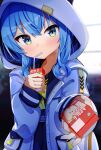  100ton250 1girl absurdres apple_juice bangs blue_eyes blue_hair blush commentary_request drink drinking drinking_straw_in_mouth eyebrows_visible_through_hair highres holding holding_drink hololive hood hood_up hooded_jacket hoshimachi_suisei incoming_drink jacket juice_box long_sleeves looking_at_viewer official_alternate_costume open_clothes open_jacket solo upper_body virtual_youtuber white_jacket 