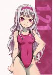  1girl breasts collarbone competition_swimsuit covered_navel cowboy_shot hairband hand_on_hip idolmaster logo long_hair looking_at_viewer one-piece_swimsuit pink_hairband pink_swimsuit shijou_takane silver_hair small_breasts solo swimsuit tommy_region two-tone_background violet_eyes younger 