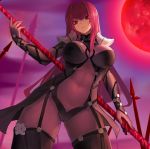  1girl bodysuit breasts covered_navel expressionless eyebrows_visible_through_hair fate/grand_order fate_(series) from_below gae_bolg hair_intakes highres holding holding_weapon jack_(darkshero) large_breasts leotard long_hair looking_at_viewer moon outdoors pauldrons polearm purple_background purple_bodysuit purple_hair purple_leotard red_eyes red_moon scathach_(fate)_(all) scathach_(fate/grand_order) shoulder_armor solo spear weapon 