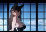  1girl absurdres animal_ears atago_(azur_lane) azur_lane bangs bare_shoulders black_dress black_hair blue_sky breasts brown_eyes clouds commentary_request dress extra_ears from_side grey_ribbon highres ihobus large_breasts long_hair looking_at_viewer sideboob sky strapless strapless_dress swept_bangs tongue tongue_out window 