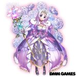  1girl blue_eyes braid breasts cape copyright_name dmm floral_background flower flower_knight_girl full_body gem hand_on_own_chest large_breasts lavender_hair long_hair looking_at_viewer novalis_(flower_knight_girl) official_art purple_cape purple_flower purple_rose rose staff standing tagme tiara tongue tongue_out white_background 