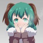  alternate_costume animal_ears blush breath cato_(monocatienus) coat commentary covering_mouth dog_ears green_eyes green_hair grey_background hands_up kasodani_kyouko simple_background touhou upper_body winter_clothes winter_coat 