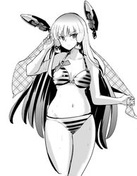  1girl absurdres bikini collarbone cowboy_shot expressionless eyebrows_visible_through_hair greyscale hair_ribbon headgear highres kantai_collection long_hair looking_at_viewer monochrome murakumo_(kantai_collection) navel ribbon short_eyebrows sidelocks solo striped striped_bikini swimsuit towel tress_ribbon unmoving_pattern yoshika_fuumi 