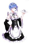  1girl absurdres apron bad_id bad_pixiv_id bare_shoulders black_bow black_hairband black_neckwear black_ribbon black_skirt blue_eyes blue_hair bow breasts cowboy_shot cup detached_sleeves eyebrows_visible_through_hair frilled_apron frilled_shirt_collar frilled_sleeves frills hair_over_one_eye hair_ribbon hairband hand_on_hip hand_up highres holding holding_plate juliet_sleeves long_sleeves looking_at_viewer maid maid_apron maid_headdress medium_breasts neck_ribbon petticoat plate puffy_sleeves purple_ribbon re:zero_kara_hajimeru_isekai_seikatsu rem_(re:zero) ribbon sheya short_hair simple_background skirt skirt_set solo standing teacup waist_apron white_apron white_background white_bow wide_sleeves 