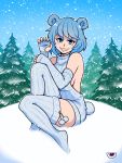  1girl akairiot bangs bare_back bare_shoulders blue_eyes blue_hair blue_nails blue_sky breasts elbow_gloves fang fingerless_gloves frostbite-chan_(akairiot) frostbite_(tournament) full_body gloves grey_legwear grey_sweater highres looking_at_viewer meme_attire nail_polish naked_sweater parted_lips pine_tree pom_pom_(clothes) sharp_nails short_hair sideboob sitting sky smile snowing solo sweater swept_bangs thigh-highs tree virgin_killer_sweater 