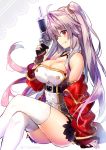  1girl azur_lane bare_shoulders blush breasts buttons cleavage commentary_request fingerless_gloves from_side gloves grenville_(azur_lane) gun hair_ornament handgun jacket jacket_on_shoulders large_breasts lavender_hair legs_crossed long_hair looking_at_viewer open_mouth parted_lips purple_hair red_eyes red_jacket revolver riichu shoes side_ponytail simple_background sitting smile solo teeth thigh-highs twitter_username very_long_hair weapon white_legwear 