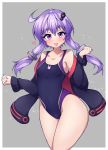  1girl black_jacket black_swimsuit collarbone competition_swimsuit cowboy_shot flat_chest grey_background hair_ornament highres jacket kuroron966 looking_at_viewer low_twintails one-piece_swimsuit open_mouth purple_hair short_hair_with_long_locks simple_background solo swimsuit twintails violet_eyes vocaloid voiceroid yuzuki_yukari 