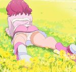  1girl ass boots flower from_behind grass haruyama_kazunori hugtto!_precure lying nono_hana on_back panties pantyshot pantyshot_(lying) pink_footwear pink_skirt precure redhead short_hair skirt solo underwear white_panties 