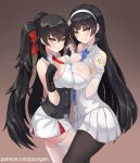  2girls bare_shoulders black_gloves black_hair breast_press breasts brown_background cleavage fingerless_gloves girls_frontline gloves gradient gradient_background hair_ribbon hairband large_breasts long_hair looking_at_viewer multiple_girls naughty_face necktie pantyhose qbz-95_(girls_frontline) qbz-97_(girls_frontline) raised_eyebrows red_ribbon ribbon skirt symmetrical_docking thigh-highs twintails very_long_hair white_gloves white_legwear yellow_eyes zofe 