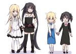  4girls :d age_progression amano_kouki asymmetrical_gloves bare_shoulders belt belt_buckle black_dress black_footwear black_gloves black_hair black_legwear blonde_hair blue_eyes blue_skirt blush boots brown_belt buckle closed_mouth collarbone commentary_request cross cross-laced_footwear cross_necklace dress elbow_gloves flying_sweatdrops fur-trimmed_dress gloves hand_holding heterochromia highres jewelry lace-up_boots latin_cross long_hair multiple_girls necklace note-chan open_mouth original pantyhose round_teeth shirt short_hair single_elbow_glove skirt smile standing strapless strapless_dress teeth thigh-highs twintails upper_teeth very_long_hair violet_eyes white_background white_dress white_legwear white_shirt white_sleeves 
