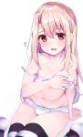  1girl absurdres arm_support bangs bare_arms bare_shoulders blonde_hair blush bow bow_panties bra breasts collarbone commentary_request fate/kaleid_liner_prisma_illya fate_(series) flying_sweatdrops hair_between_eyes highres illyasviel_von_einzbern lace lace-trimmed_bra long_hair looking_at_viewer navel open_mouth panties red_eyes rouka_(akatyann) sidelocks sitting small_breasts solo stomach strap_slip striped striped_legwear thigh-highs underwear underwear_only wariza white_background white_bra white_panties 
