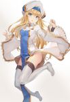  1girl :o ass bangs blonde_hair blue_eyes blush boots breasts commentary_request eyebrows_visible_through_hair full_body goblin_slayer! gradient gradient_background hand_up hat head_tilt highres leg_up long_hair long_sleeves looking_at_viewer medium_breasts parted_lips pelvic_curtain priestess_(goblin_slayer!) solo thigh-highs thigh_boots white_background white_footwear white_hat white_robe wide_sleeves xuan_(pixiv31113827) 