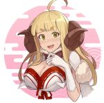  1girl :d ahoge anila_(granblue_fantasy) bangs blonde_hair blunt_bangs blush breasts cleavage commentary_request draph eyebrows eyebrows_visible_through_hair fur_trim gloves granblue_fantasy green_eyes hinami_(hinatamizu) horns large_breasts long_hair looking_at_viewer open_mouth sheep_horns short_eyebrows smile solo sweatdrop thick_eyebrows upper_body 