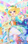  1girl balloon bangs birthday blonde_hair blue_eyes cropped_jacket dress english_commentary frilled_dress frills highres holding holding_microphone long_sleeves medal mendamen microphone minami_mirei open_mouth pretty_(series) pripara short_hair smile solo stage 