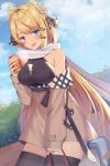  1girl :d alternate_costume azur_lane bag bangs bare_shoulders black_legwear black_sweater blonde_hair blue_eyes blue_sky blush breasts breathing brown_coat can clouds coat coat_dress commentary_request cross cross_necklace day eyebrows_visible_through_hair hair_ornament hair_ribbon hairclip highres holding holding_bag holding_can izumo_neru jewelry large_breasts laurel_crown long_hair looking_at_viewer necklace off_shoulder open_mouth outdoors ribbed_sweater ribbon scarf sidelocks sky smile solo sweater sweater_vest thigh-highs very_long_hair victorious_(azur_lane) 