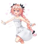  1boy :d androgynous astolfo_(fate) black_bow blush bow braid braided_ponytail breasts cleavage collarbone dress eyebrows_visible_through_hair fate/apocrypha fate_(series) hair_between_eyes hair_bow heart highlights ittokyu long_hair multicolored_hair open_mouth otoko_no_ko outstretched_arms pink_hair scrunchie shiny shiny_hair short_dress single_braid sleeveless sleeveless_dress small_breasts smile solo sundress very_long_hair violet_eyes white_dress white_scrunchie wrist_scrunchie 