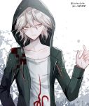  1boy @ artist_name collarbone commentary_request dangan_ronpa dice eyebrows_visible_through_hair green_hoodie green_jacket grey_eyes hair_between_eyes hand_up hood hoodie jacket komaeda_nagito looking_to_the_side messy_hair number open_clothes open_hoodie shirt smile solo super_dangan_ronpa_2 upper_body white_hair white_shirt z-epto_(chat-noir86) 