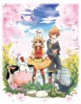  1boy 1girl animal animal_hug animal_on_head bird boots bottle brown_hair cat cherry_blossoms chick chicken clouds cow cross-laced_footwear dog dress fang farm flower happy harvest_moon harvest_moon:_the_tale_of_two_towns head_scarf highres holding knee_boots lace-up_boots lillian_(harvest_moon) looking_at_viewer milk_bottle mouth_hold on_head open_mouth pantyhose philip_(harvest_moon) plaid plaid_dress puffy_short_sleeves puffy_sleeves red_legwear rooster short_hair short_sleeves shorts skirt_hold sky smile tree vest 