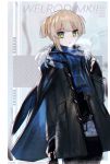  1girl androgynous bangs black_gloves blonde_hair blunt_bangs character_name coat fingerless_gloves flat_chest girls_frontline gloves green_eyes kky long_coat looking_at_viewer overcoat plaid plaid_scarf scarf short_hair solo welrod_mk2 welrod_mk2_(girls_frontline) winter_clothes 