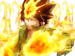  1boy brown_hair collarbone commentary_request fire from_side gloves green_jacket headphones jacket katekyo_hitman_reborn looking_at_viewer magic male_focus mowar25 open_clothes open_jacket sawada_tsunayoshi short_hair short_sleeves solo spiky_hair teeth title upper_body yellow_eyes 