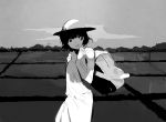  1girl :d backpack bag bangs clouds collarbone dress greyscale hat looking_at_viewer monochrome open_mouth original outdoors rice_paddy roku_(tsua-kihuyu) scenery short_hair sky sleeveless sleeveless_dress smile solo sun_hat sundress tareme 