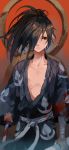  1boy black_hair blood blood_splatter blood_stain dororo_(tezuka) hair_over_one_eye hyakkimaru_(dororo) japanese_clothes long_hair looking_at_viewer male_focus missing_limb open_clothes otuming ponytail red_eyes solo sword weapon 