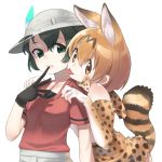  2girls animal_ears bare_shoulders black_gloves blonde_hair blush bow bowtie cheek-to-cheek elbow_gloves gloves hands_on_another&#039;s_shoulders helmet highres kaban_(kemono_friends) kemono_friends multiple_girls pith_helmet red_shirt sakoku_(rh_ty_ks) serval_(kemono_friends) serval_ears serval_print serval_tail shirt tail tongue tongue_out 