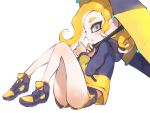  1girl :o black_shorts blonde_hair grey_eyes highres holding holding_umbrella hood hood_down hooded_jacket jacket jtveemo long_hair long_sleeves octarian octoling open_mouth over_shoulder shoes shorts sideways_mouth simple_background sitting solo splat_brella_(splatoon) splatoon splatoon_(series) splatoon_2 suction_cups tentacle_hair track_jacket umbrella white_background 