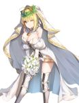  1girl ;) ahoge blacktheif blonde_hair boots bouquet breasts choker cleavage detached_sleeves fate/extra fate/extra_ccc fate_(series) flower green_eyes hair_ribbon highres holding holding_bouquet large_breasts leotard long_sleeves looking_at_viewer nero_claudius_(bride)_(fate) nero_claudius_(fate)_(all) one_eye_closed ribbon short_hair simple_background smile solo standing strapless strapless_leotard thigh-highs thigh_boots white_background white_flower white_footwear white_leotard white_ribbon white_sleeves 