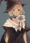  1girl absurdres blonde_hair faux_traditional_media flower heterochromia highres looking_at_viewer orchid orie_h original short_hair simple_background solo symbol-shaped_pupils tears witch 