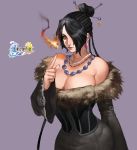  1girl absurdres bare_shoulders black_dress black_hair breasts cleavage closed_mouth commentary dress earrings english_commentary final_fantasy final_fantasy_x fire fur-trimmed_dress fur_trim grey_background hair_bun hair_ornament hair_over_one_eye highres index_finger_raised jewelry large_breasts lipstick long_hair lulu_(ff10) magic makeup mole mole_under_mouth nail_polish necklace purple_nails red_eyes simple_background solo strap wide_sleeves zelus 