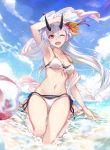  1girl ;d arm_up armpits ball bangs beach beachball bikini bikini_under_clothes blurry blurry_background blush breasts casual cleavage clouds collarbone day earrings fate/grand_order fate_(series) flower glint hair_between_eyes hair_flower hair_ornament hair_ribbon horns jewelry kneeling large_breasts long_hair looking_at_viewer m-ya ocean one_eye_closed oni_horns open_mouth outdoors partially_submerged ponytail red_eyes ribbon see-through shawl side-tie_bikini silver_hair smile solo splashing stomach swimsuit thighs tomoe_gozen_(fate/grand_order) transparent twitter_username very_long_hair water_drop wet white_bikini 