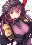  1girl arm_under_breasts bodysuit breasts cleavage eyebrows_visible_through_hair fate/grand_order fate_(series) gae_bolg gem impossible_bodysuit impossible_clothes large_breasts leotard long_hair looking_at_viewer pauldrons polearm purple_bodysuit purple_hair purple_leotard red_eyes scathach_(fate)_(all) scathach_(fate/grand_order) shoulder_armor simple_background slit_pupils smile solo spear umke8373 veil weapon white_background 