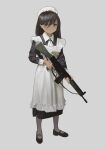  1girl absurdres battle_rifle black_dress black_hair closed_mouth commission dress garoppui grey_background gun h&amp;k_g3 highres holding holding_gun holding_weapon long_hair long_sleeves looking_at_viewer maid original rifle simple_background skeb_commission smile solo trigger_discipline violet_eyes weapon white_headwear 