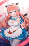  1girl :d animal_ears apron bangs blue_dress blue_eyes blue_neckwear blurry blush bow bowtie breasts cat_ears cleavage collared_dress commentary_request cowboy_shot depth_of_field dress food frilled_apron frilled_cuffs frills fruit hand_up head_tilt holding holding_food holding_fruit large_breasts long_hair looking_at_viewer maid maid_apron maid_headdress naomi_(fantasia) open_mouth original pink_hair plaid plaid_bow puffy_short_sleeves puffy_sleeves short_sleeves sidelocks smile solo strawberry thigh-highs upper_teeth white_apron white_legwear wrist_cuffs 