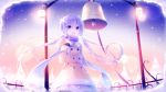  1girl bell blush coat cowboy_shot evening eyebrows_visible_through_hair highres lantern looking_at_viewer low_twintails open_mouth outdoors purple_hair sakakidani scarf short_hair_with_long_locks snowing solo twintails violet_eyes vocaloid winter yuzuki_yukari 