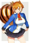  1girl animal_ears antenna_hair blazblue blush breasts brown_hair cowboy_shot highres large_breasts makoto_nanaya miniskirt multicolored_hair nervous_smile orange_eyes purinnssu school_uniform short_hair skirt solo squirrel_ears squirrel_girl squirrel_tail tail two-tone_hair 