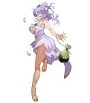  1girl bag bangs bare_arms bare_legs bare_shoulders barefoot breasts camilla_(fire_emblem_if) dress feet fire_emblem fire_emblem_heroes fire_emblem_if full_body hair_ornament hand_on_own_chest highres large_breasts leg_up long_hair looking_back nintendo official_art open_mouth ponytail purple_hair soles solo strapless strapless_dress toes torn_clothes transparent_background violet_eyes 