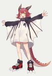  1girl commentary_request dragon_tail drawstring eyebrows_visible_through_hair full_body hood hoodie horns open_mouth original redhead short_hair shugao simple_background solo tail teeth yellow_eyes 