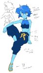  1girl absurdres alternate_costume arm_support blue_eyes blue_hair blue_pants blue_skin commentary_request eyebrows_visible_through_hair gem halter_top halterneck highres knee_up lapis_lazuli_(steven_universe) looking_at_viewer midriff nano8 pants sandals short_hair simple_background sitting sketch sleeveless smile solo spoilers steven_universe white_background 