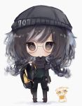  1girl backpack bag bangs beanie black-framed_eyewear black_hat black_pants boots braid brown_eyes brown_footwear brown_gloves brown_hair cat character_request chibi closed_mouth commentary_request cottontailtokki elbow_gloves fingerless_gloves full_body glasses gloves green_shirt grey_background hand_up hat highres long_hair looking_at_viewer low_twintails pants rainbow_six_siege round_eyewear shadow shirt short_sleeves solo standing twin_braids twintails 