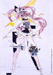  1girl android character_request commentary_request copyright_request dated feet_out_of_frame frills grey_eyes hair_between_eyes highres jnt long_hair no_nose official_art panties pink_hair single_thighhigh solo thigh-highs underwear 