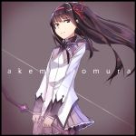  1girl akemi_homura bangs bow_(weapon) hair_ribbon hairband long_hair long_sleeves mahou_shoujo_madoka_magica miniskirt purple_skirt red_ribbon ribbon sakoku_(rh_ty_ks) skirt violet_eyes weapon 