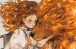  1girl blush closed_eyes highres hug lion long_hair mane orie_h original redhead solo star tears 