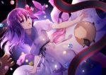  1girl :d black_ribbon dress eyebrows_visible_through_hair fate/stay_night fate_(series) floating_hair grey_dress hair_ribbon long_hair matou_sakura open_mouth outstretched_arms pink_ribbon purple_hair rei_no_himo ribbon sheep shika_(isk_mjkss) short_sleeves skirt_hold smile solo sundress violet_eyes 
