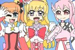  3girls blonde_hair blue_background brown_hair clenched_hands crossover cure_miracle eyebrows_visible_through_hair hair_ornament hair_ribbon hairband long_hair looking_at_viewer magical_girl mahou_girls_precure! multiple_girls open_mouth orange_hair pink_eyes pink_hair precure ribbon side_ponytail simple_background smile yuuki_yuuna yuuki_yuuna_wa_yuusha_de_aru yuusha_de_aru 