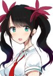  1girl :d bangs black_hair blue_eyes breasts collared_shirt commentary_request eyebrows_visible_through_hair hair_ornament haru_(nature_life) ling_xiaoyu long_hair looking_at_viewer looking_to_the_side medium_breasts namco necktie open_mouth red_neckwear shirt short_sleeves sidelocks simple_background smile solo tekken tekken_7 twintails upper_body white_background white_shirt 
